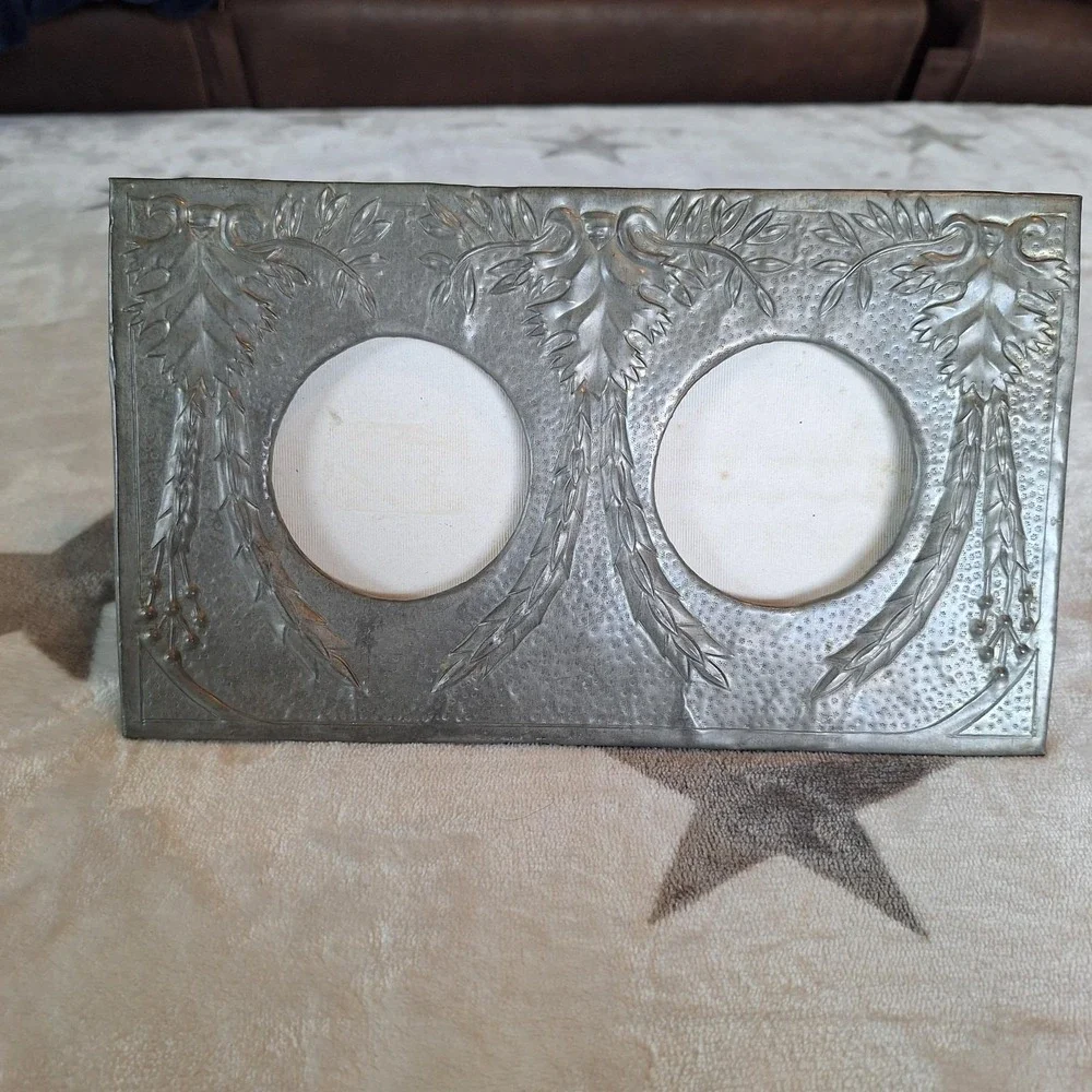 Vintage Art Nouveau Silver-Toned Metal Double Photo Frame Wedding Portrait